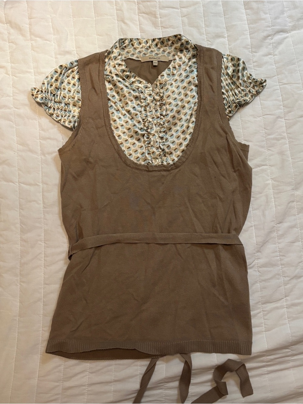 Vintage RW&CO. Brown Sleeveless Knit Overlay with Printed Blouse Insert